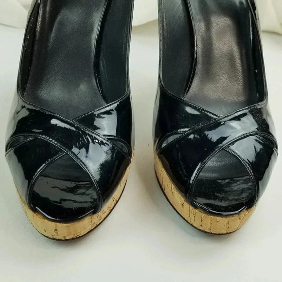 Stuart Weitzman 10M Exsling Peep Toe Slingback Cork Platform Heels Black Patent - Picture 3 of 12